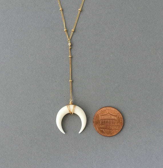 White Double Horn Charm Pendant, Crescent Horn, Gold Wire Wrap, Upside Down Moon, Dyed Mother-of-Pearl Shell, 35mm (1-3/8), chs3647